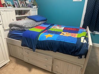 Full Size Platform Bed with Storage Headboard, Drawers Bookcase and Cabinets