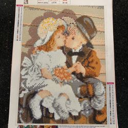 Handmade Bead Embroidery on Canvas of Girl & Boy Wall Decor 12x16”
