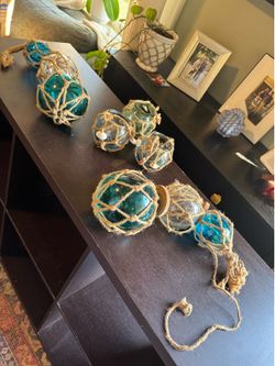3" Aqua Glass Fishing Floats, Light Blue Glass Balls, Hanging & Sitting  Beach Decor