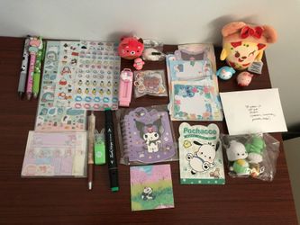 Kawaii Disney Sanrio Stationary Stickers Highlighters Pens Plushie Bundle Scoop