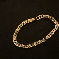 8” Goldtone Link Bracelet With Blue And White Rhinestones 