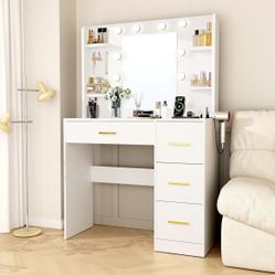 35” White Vanity Desk with 4 shelves and 4 drawers