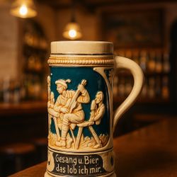 Germany 1930s Hand Painted Figural Beer Stein Tavern Scene With Verse, 5.5”