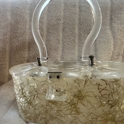 Vintage 1950s hard plastic purse with handkerchiefs