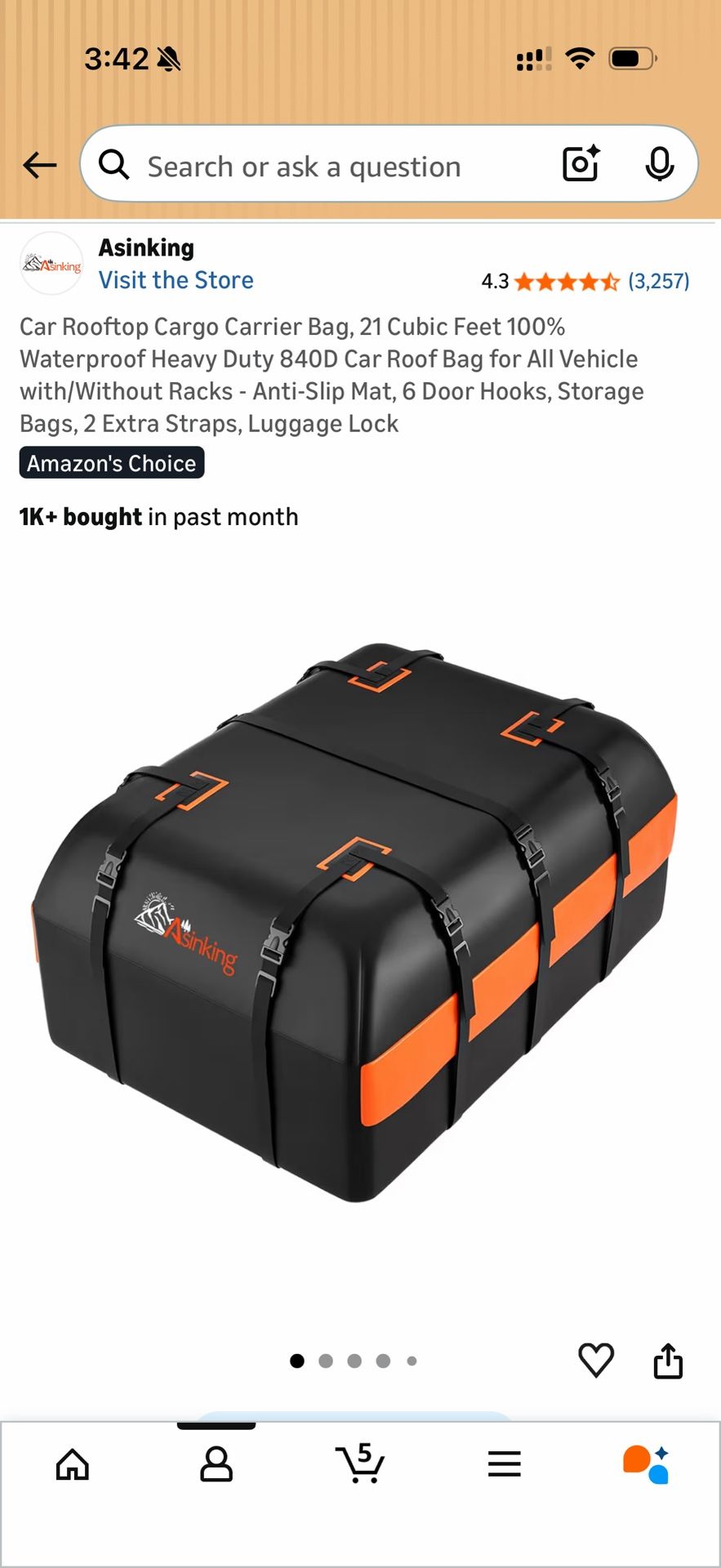 Asinking Car Roof Bag 21 Cubic Feet