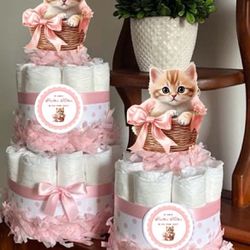 PINK SMITTEN KITTEN KITTY CAT girl baby shower diaper cake party gift