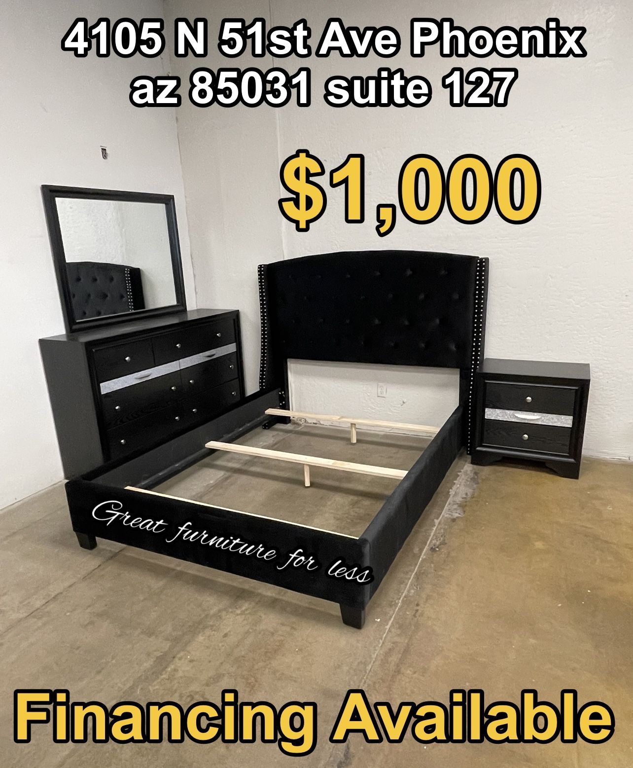 4 PCs Queen Size Bedroom Set BlackInclude Bed Frame Dresser Mirror And 1 Nightstand brand New