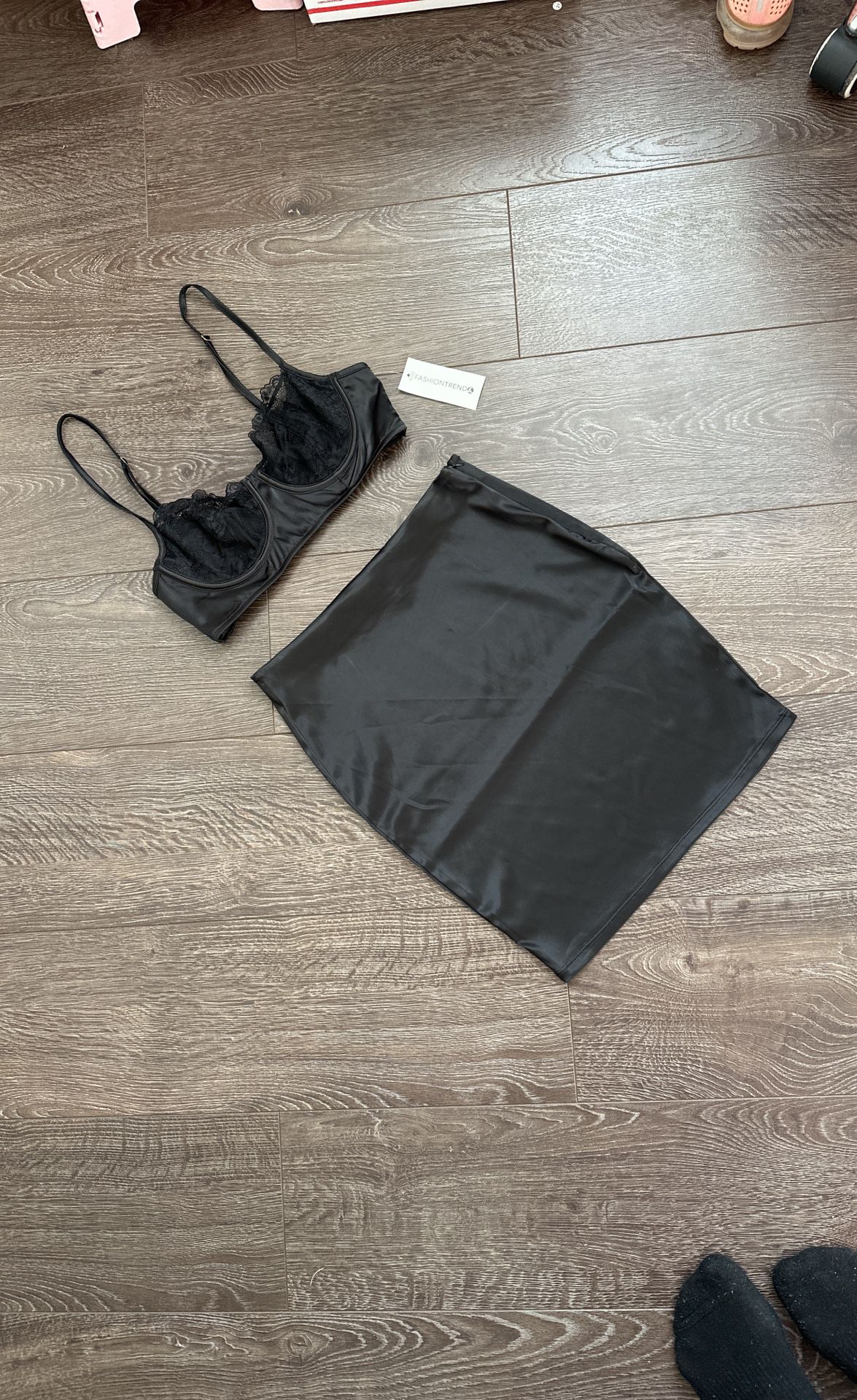 Black Satin Two Piece Skirt Set