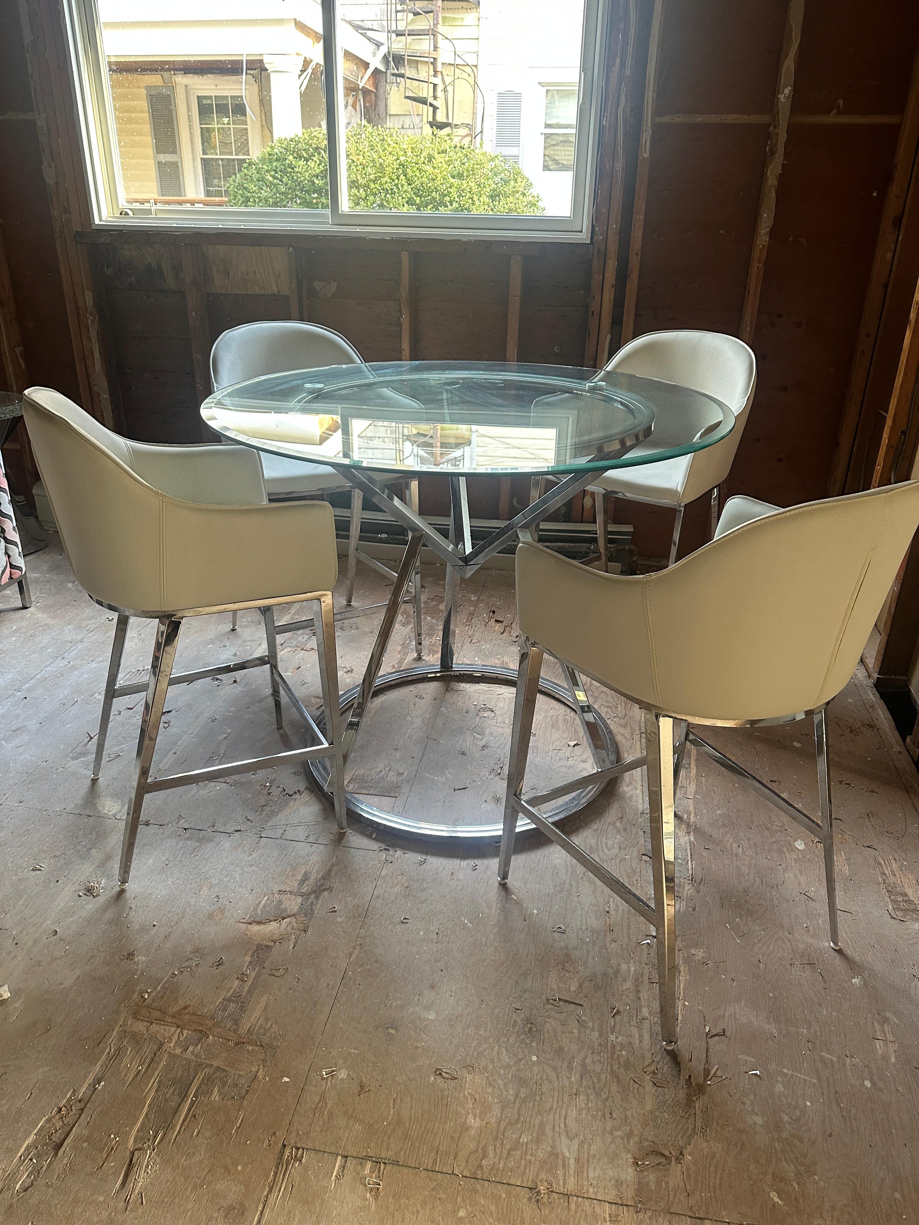 Counter Height Mid Century Modern Glass Table with Chrome Base with 4 Sunpan Stanis Contemporary faux leather counter stool