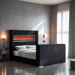 3D FIREPLACE SIMULATOR  QUEEN SIZE BED FRAME LED USB BLACK