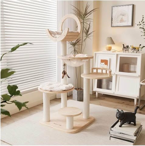 🐾 Happy&Polly Solid Wood Cat Tree – 56.3” Multi-Level (Brand New)