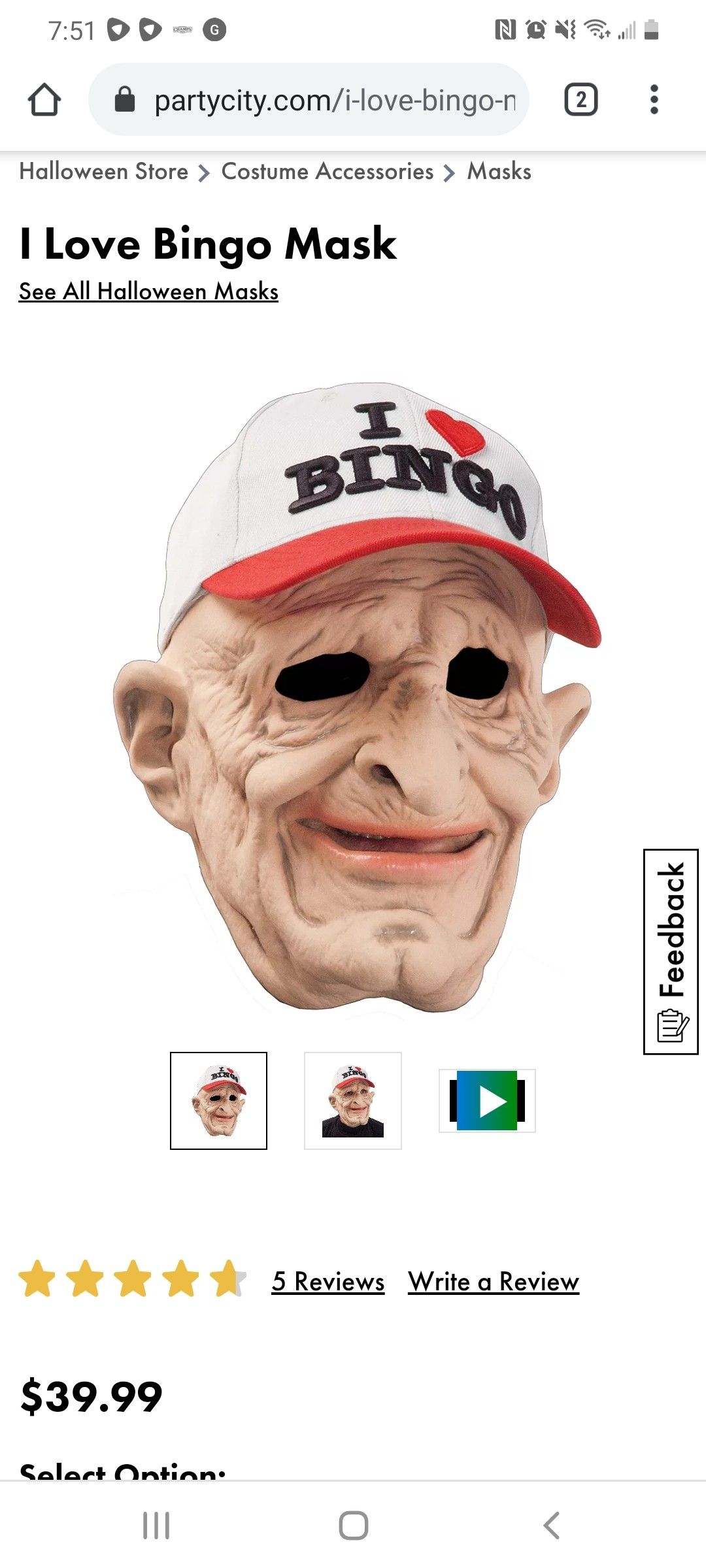 Party city Halloween mask i love bingo