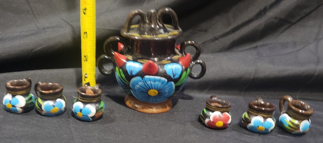Mexican Redware Pottery Hand Painted Tea Pot Cups Vintage  Talavera