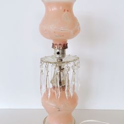 Vintage MCM 1940s Frosted Pink Glass Boudoir Lamp with Prisms