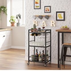 Bar Serving Cart with 3-Tier Mirrored Shelf, Drink Cart, Mobile Kitchen Shelf with Wine Rack, Rolling Beverage Cart, Black 