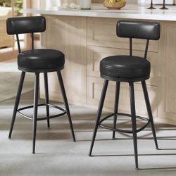 Stools Set of 4.  Lbc089b Swivel Counter Height Bar Stools with Back, Synthetic Leather with Stitching, Mid-Century Modern, 25.6-Inch Tall