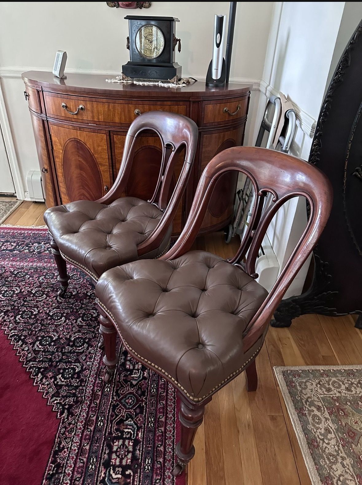 Set of 6 Antique Mahogany Wood & Leather Chairs