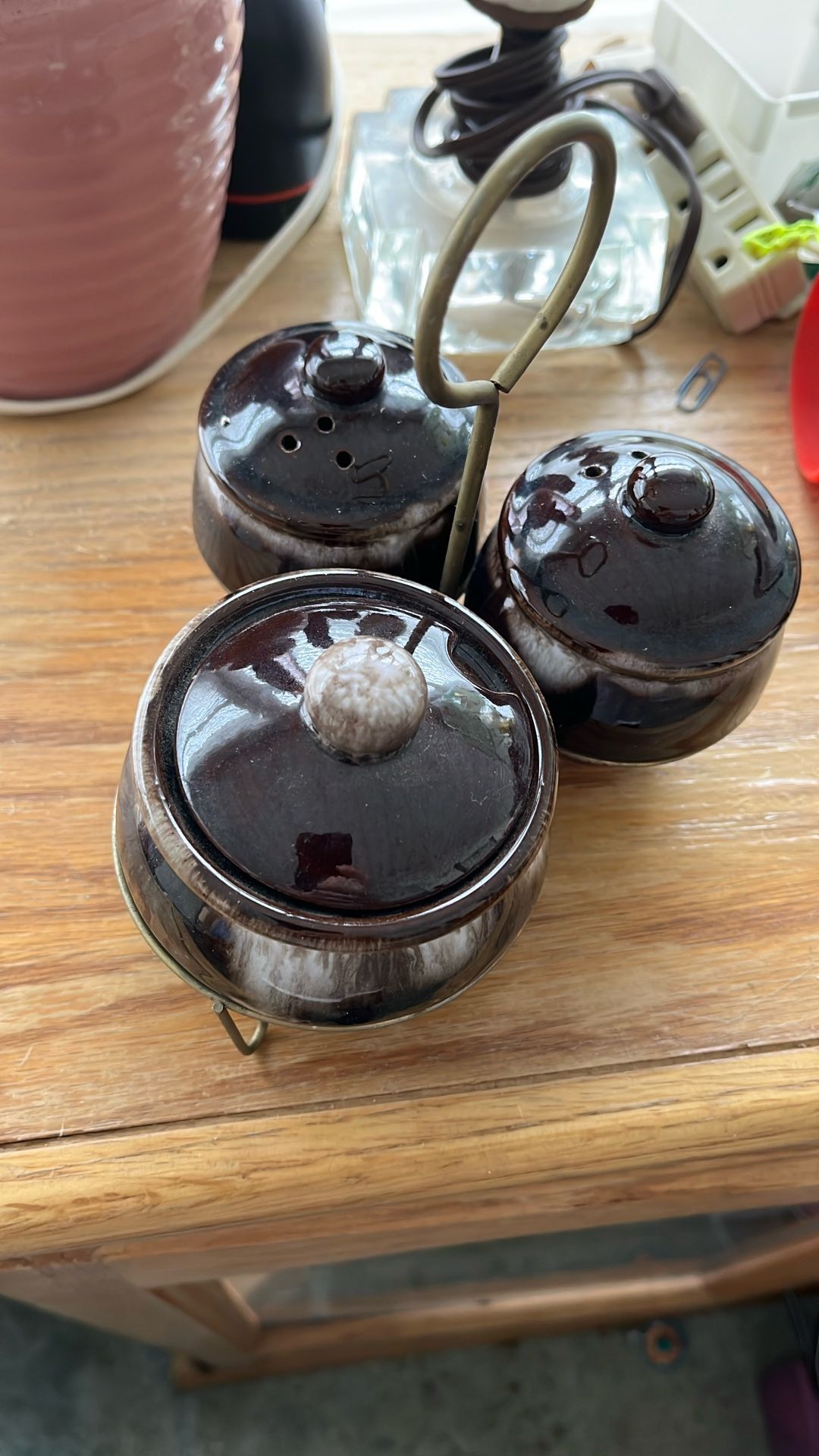 Vintage Salt And Pepper And Sugar Set With Table Holder