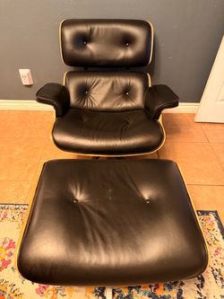Eames-Style Lounge Chair & Ottoman –Black leather| Mid-Century Modern