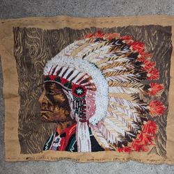Indian Chief Needlepoint Wall Hanging Picture. Approx 22" W x 18" L. Can Be Framed. Small Hole From Tack, 7" Down On Right, Where The Two Colors Meet.
