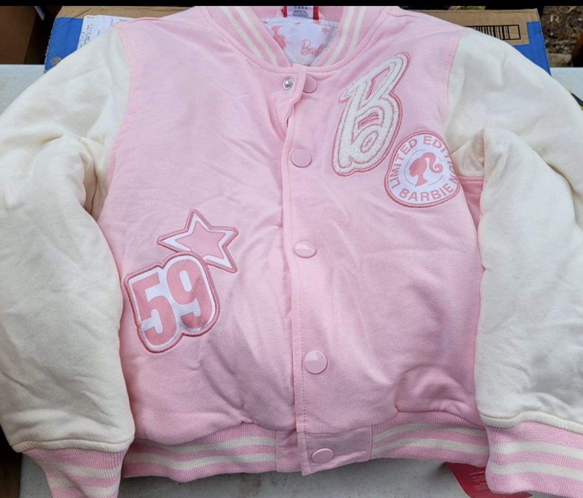 Barbie Little Girls French Terry Varsity Bomber Jacket Pink 7-8