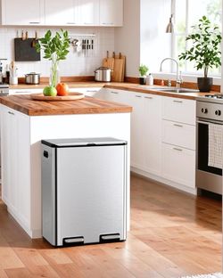 Kitchen Dual Trash Can, 60L Hands-Free Stainless Steel Garbage Can, Classified Rubbish Bin with Double Compartments, Soft-Close Lid, Inner Bucket, Odo