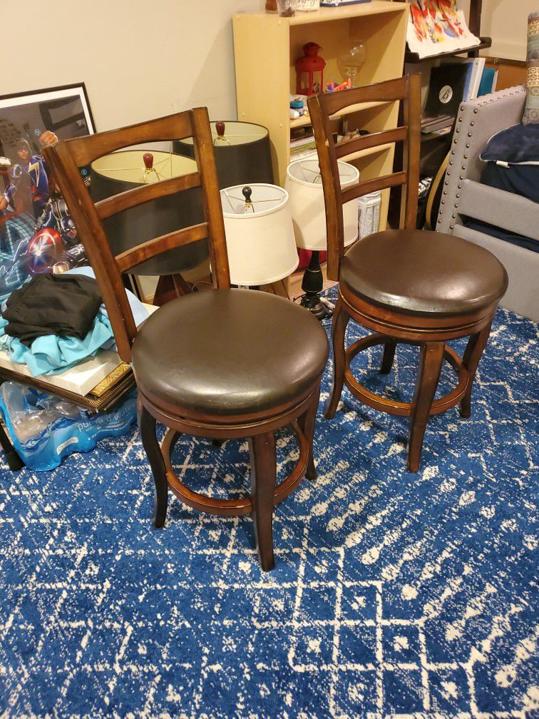 Wooden And Brown Leather Swivel Chairs (Pair)