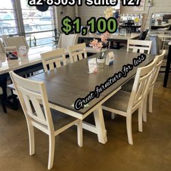 7 PCs Dining Table Set White With Grey Solid Wood Brand New