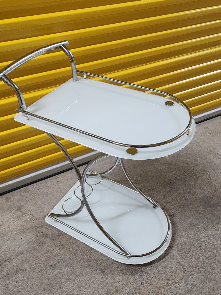 Art Deco Style Modern Serving Cart Chrome and White Frosted Glass, w/ Floating Shelves and a wine rack