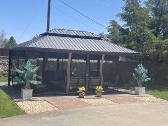 14' X 20' Hardtop Gazebo, Upgraded Metal Gazebo with Drainage System, Dual-Layer Galvanized Steel Roof, Curtain and Netting, Outdoor Shelter Canopy fo