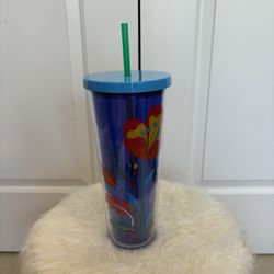 Starbucks Floral Poppy Flower Blue 24oz Tumbler w/Straw