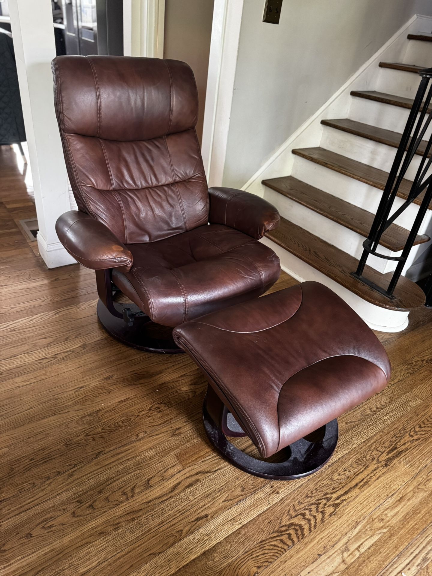 Brown Leather Adjustable Chair + Ottoman