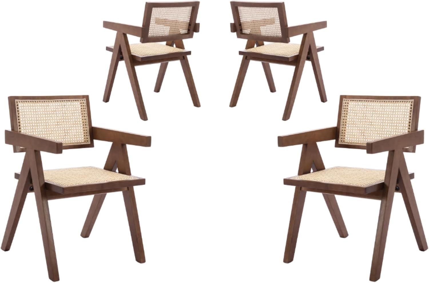 Rattan Dining Chairs Set of 4, Mid Century Modern Dining Room Chairs Wicker Armchair Comfy Side Chair Walnut Wood Boho Kitchen Cane Side Chairs with A