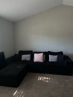 Modern Black Modular Corduroy Sectional Couch + Ottoman + Pillows