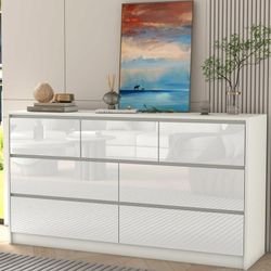 White Malm Dresser for Bedroom, 55" Long Dresser High Gloss Dresser with 7 Drawers, Large Wood Chest of Drawer Handle Free, Dresser for Bedroom, Livin