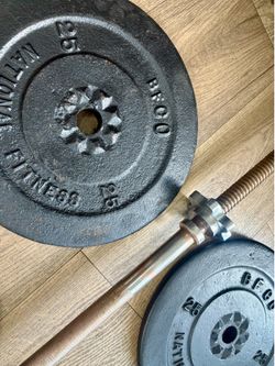 Gently USED Cast Iron Standard Weight Plates  & 6 ft Standard  Bar [Total: 100 lbs].