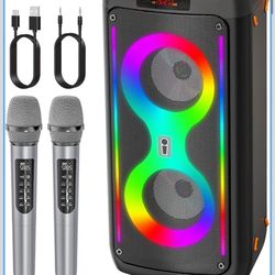 Karaoke Machine, Portable Bluetooth Speaker with 2 Wireless Microphones, PA System with Disco Lights for Big Party, Outdoor, Supports USB/TF/REC/AUX, 