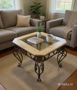 Octagonal Marble-Look & Glass Coffee Table – Wrought Iron Scroll Base