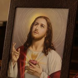 JESUS CHRIST Italy Lizard Skin LEATHER FRAME Orig Vintage Fine Art Print Antique 1937 RARE Collectible Religion Sacred Heart Christianity HILLCREST