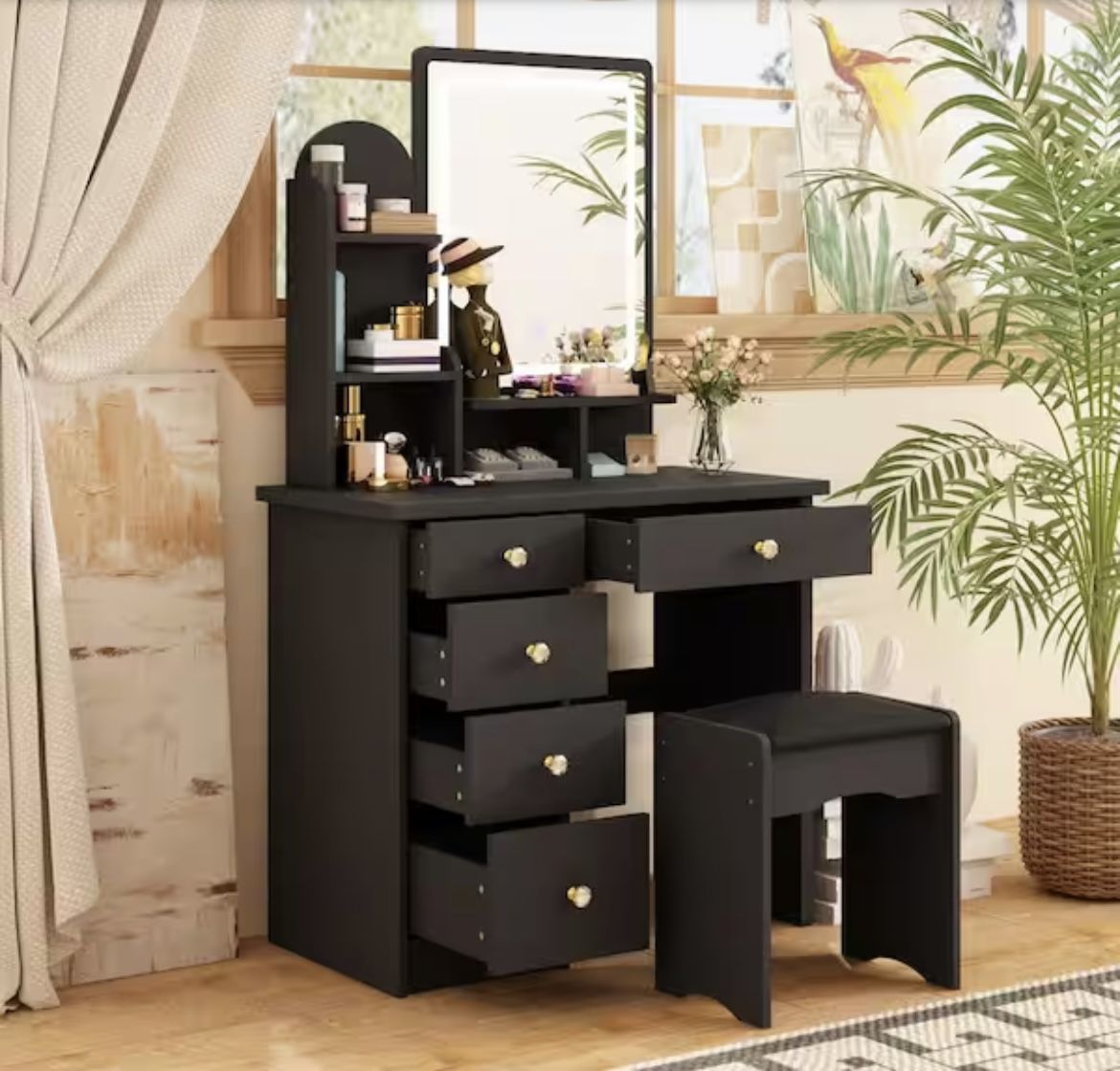 Vanity Set with LED Lighted Mirror, Vanity Dressing Table with 5 Drawers & Shelves, Makeup Desk with Cushioned Stool for Bedroom, Black