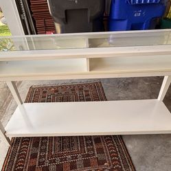 White Glass Top Console Table with Storage Shelves