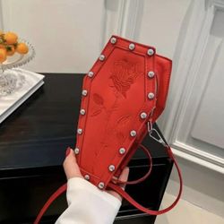 🥀 Spooky Red Halloween Gothic Coffin Crossbody Purse Embroidered Rose Adjustable Strap w Rivets