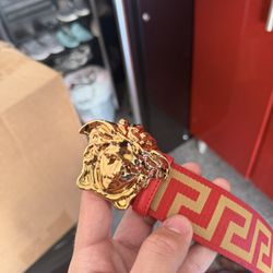 Authentic Versace Red Greca Belt with Gold Medusa Buckle