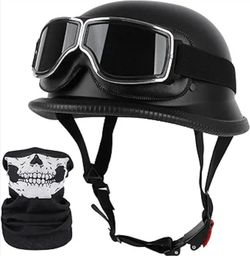 German Style Motorcycle Helmet, DOT Approved Adult Men Women Half Helmet, Skull Cap Half Shell Helmet with Goggles, for Street Bike Cruiser Moped Scoo