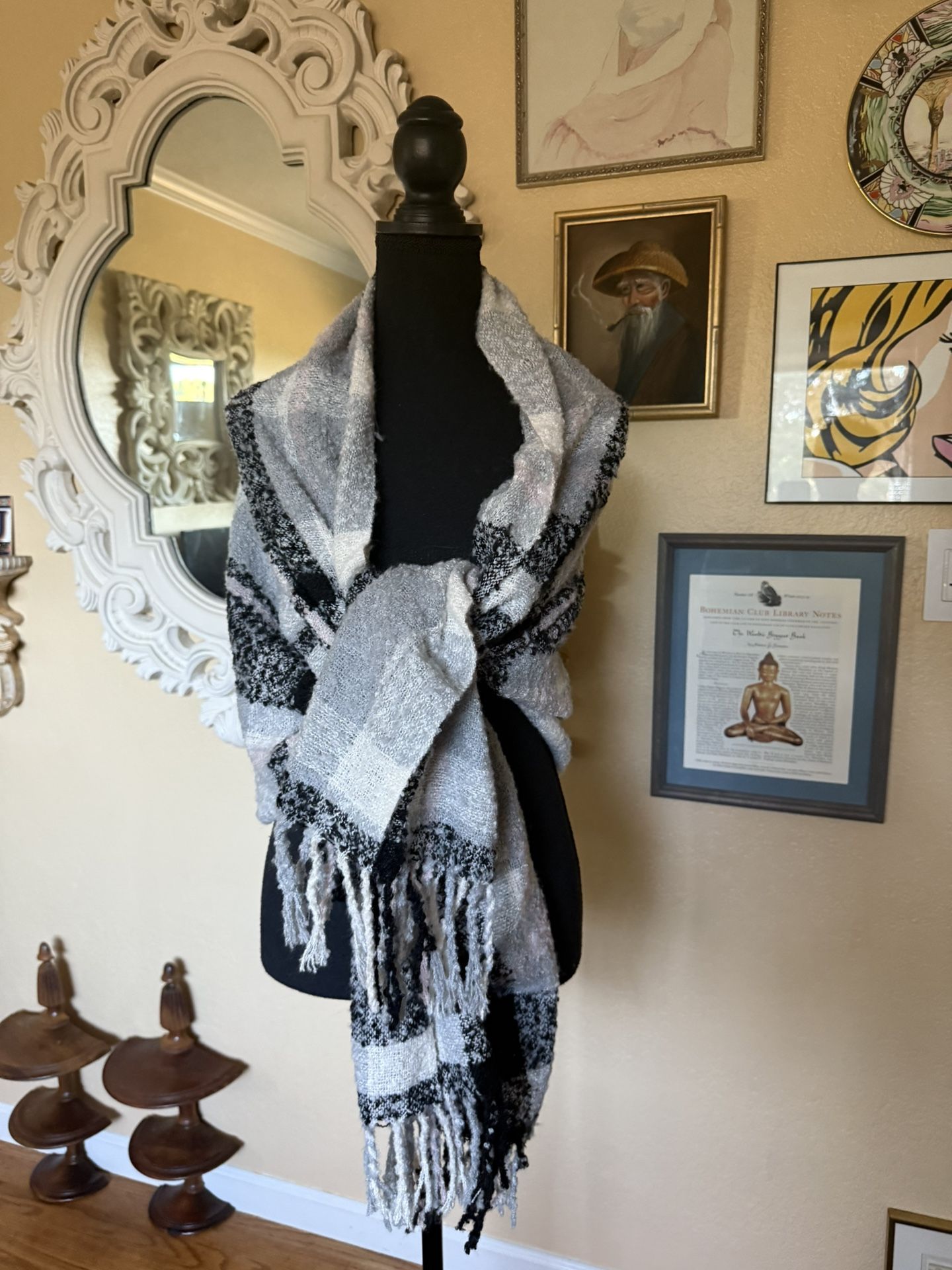 Large Black, White Pill, Pink Shawl, Throw Wrap Patch