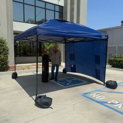 New In Box 10x10 Feet EZ Pop Up Portable Canopy Navy Blue Color Gazebo Tent With Side Wall And Sand Pouches And Carrying Bag 