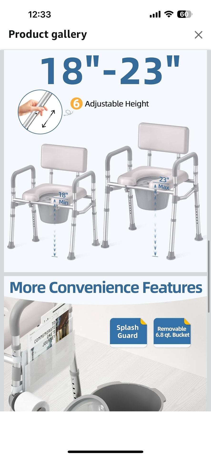 Bedside Commode with Padded Seat and Backrest, Aluminum Commode Toilet with Bucket, Easy Cleaning Portable Toilet for Adults and Seniors, 350 lb Capac