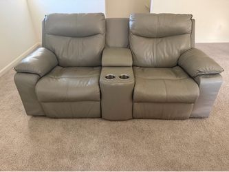 Tan Leather Reclining Loveseat with Center Console