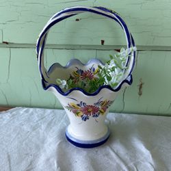 Vintage Hand Painted Porcelain Floral Basket Bowl With Handle From Portugal