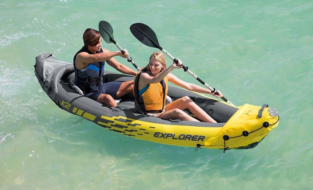 Brand New Inflatable 2 Person Sit In KAYAK W 2 DOUBLE OARS / PADDLES PUMP FIN CARRTYING BAG BNIB 